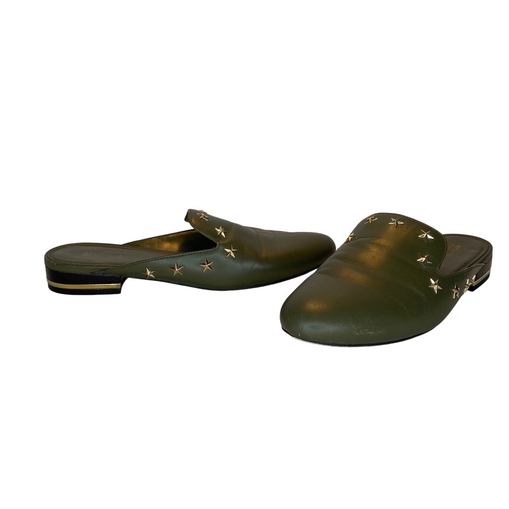 Michael Kors Womens Olive Green Star‎ Studded Mules Size 8 Gold Heel Accent